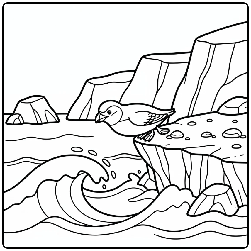 Arctic animal coloring page: razorbill diving to ocean