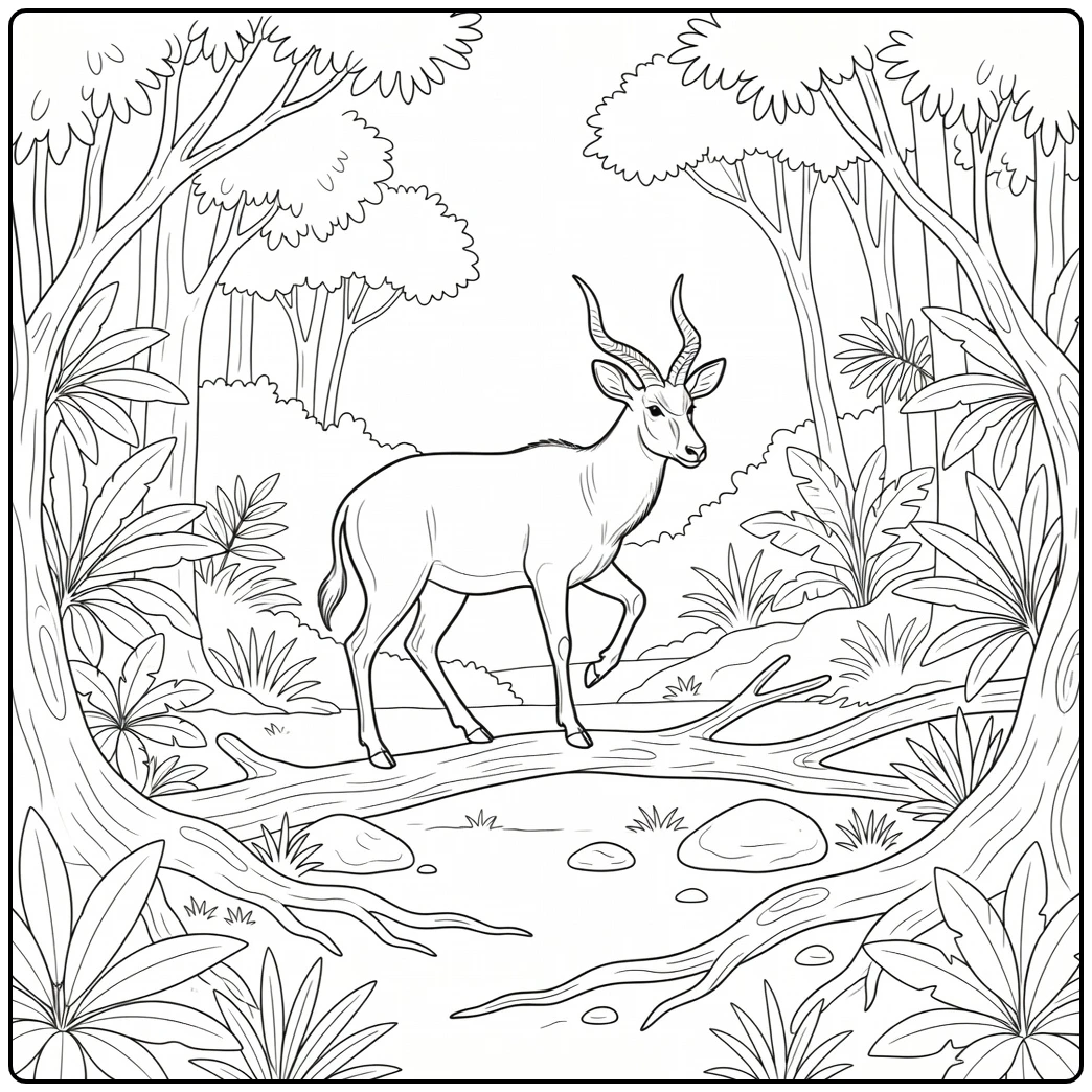 Realistic african animals coloring page with bongo antelope