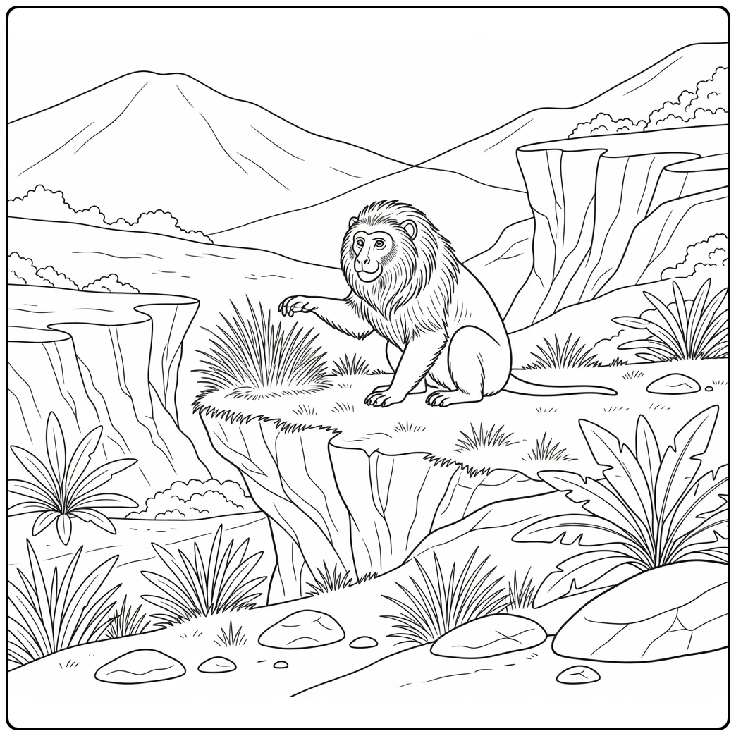 realistic african animals coloring page gelada on hillside