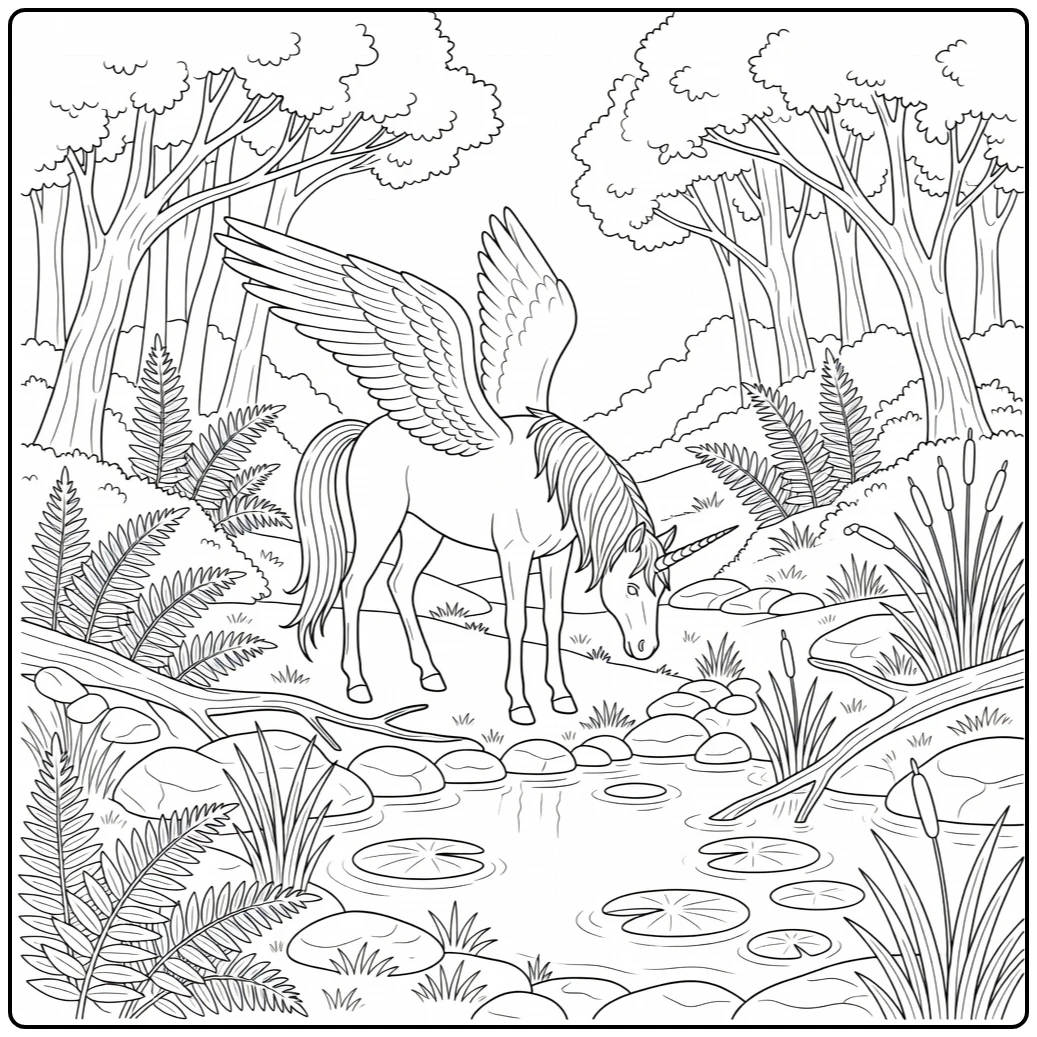 Realistic alicorn coloring page: unicorn at forest spring