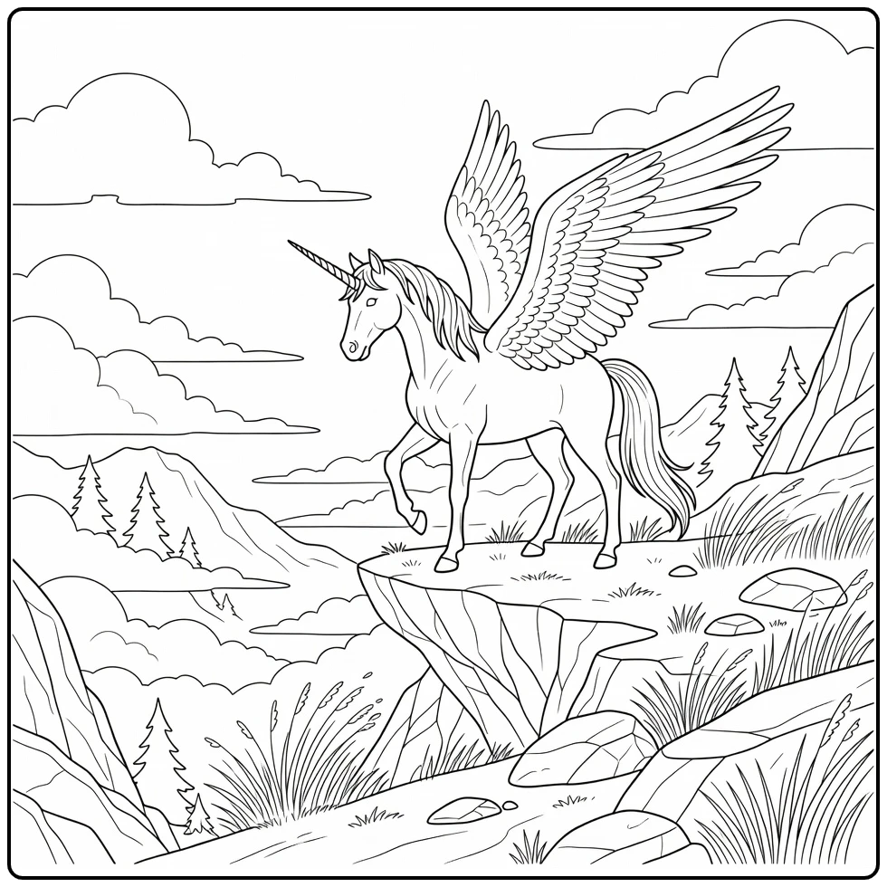 Realistic alicorn coloring page: winged horse on mountain ledge