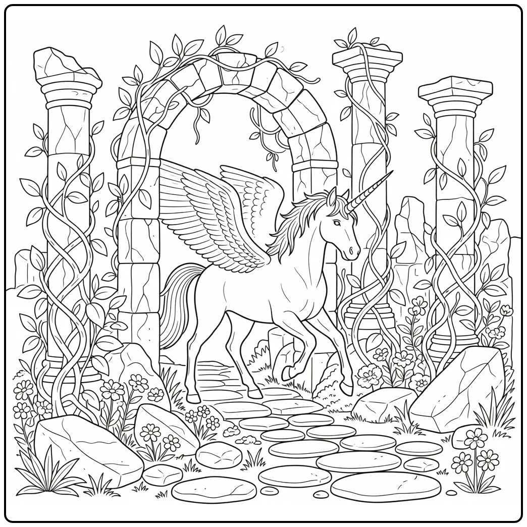 Realistic alicorn coloring page: winged unicorn through ancient arch