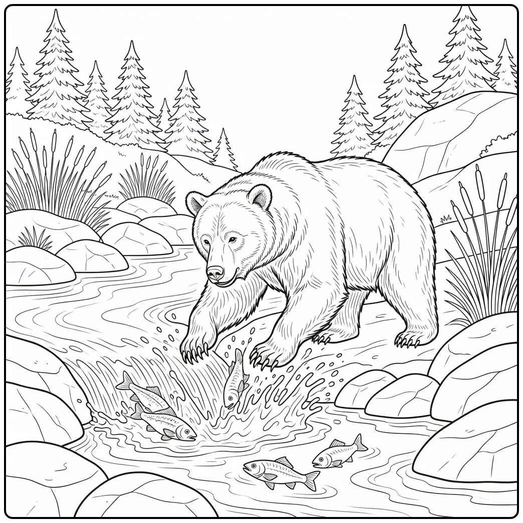 Brown bear swiping fish in river - realistic animal coloring page