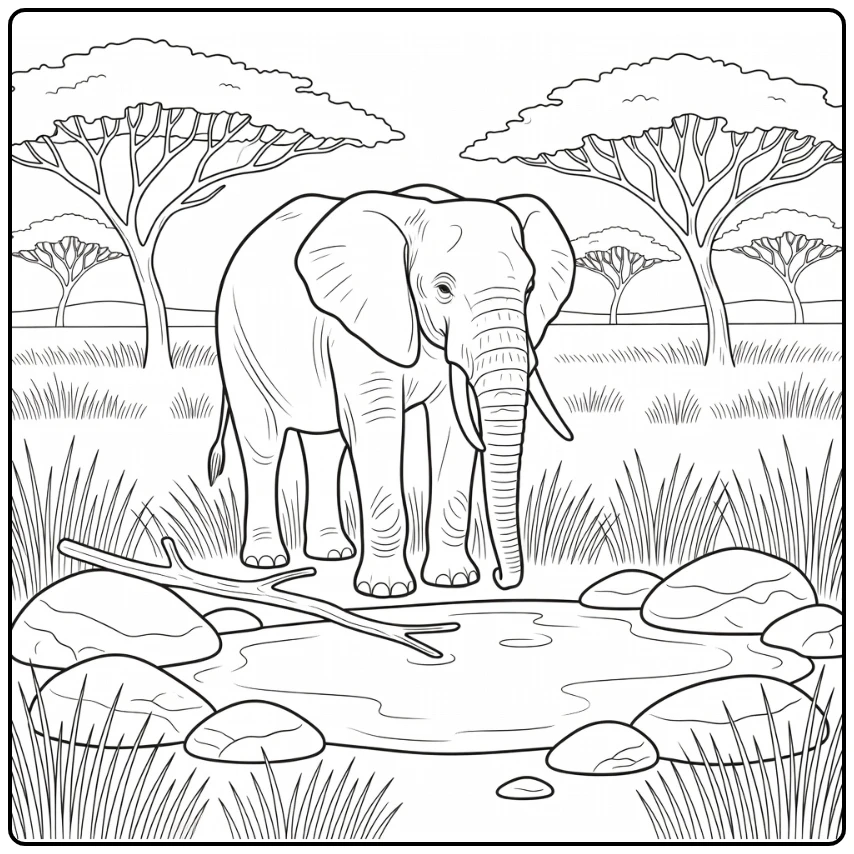Elephant drinking at savanna watering hole realistic animal coloring page