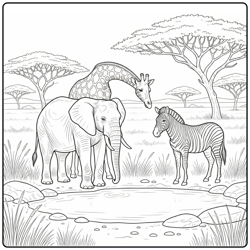 Realistic animal coloring page with elephant, giraffe, zebra