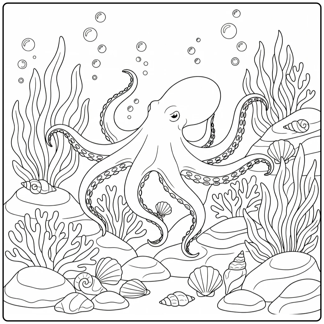 Octopus over rock garden underwater, realistic animal coloring page for adults