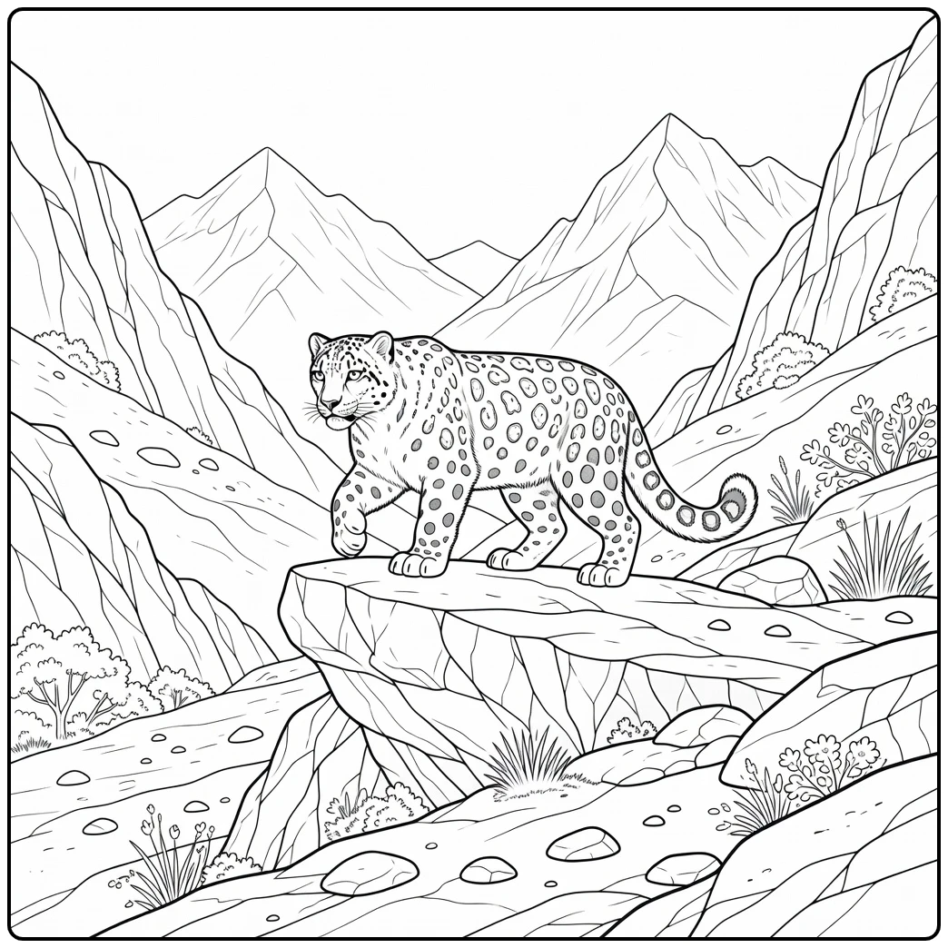 Realistic animal coloring page for adults: snow leopard on mountain ledge