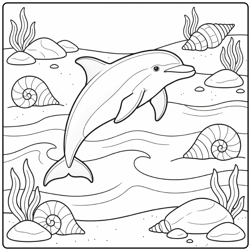 Realistic animal coloring page for kids: leaping dolphin over waves