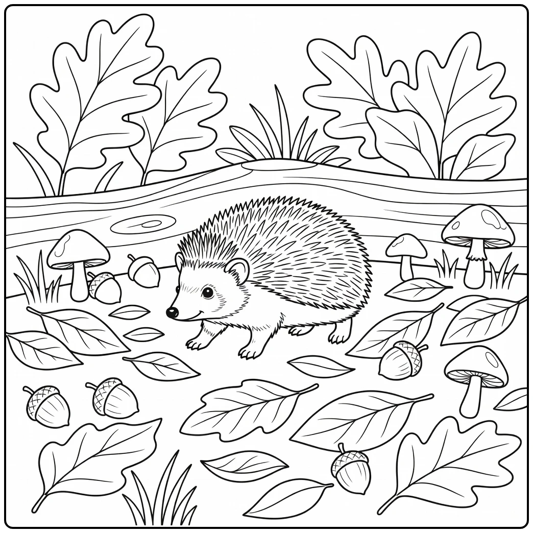 Hedgehog in woodland leaves realistic animal coloring page