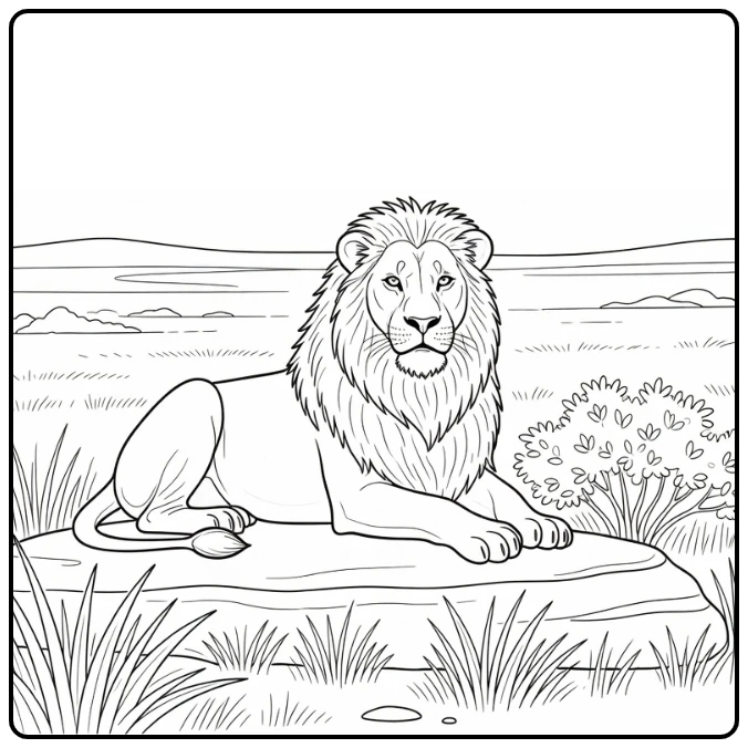 Proud lion on savanna rock ledge realistic animal coloring page (52 chars)