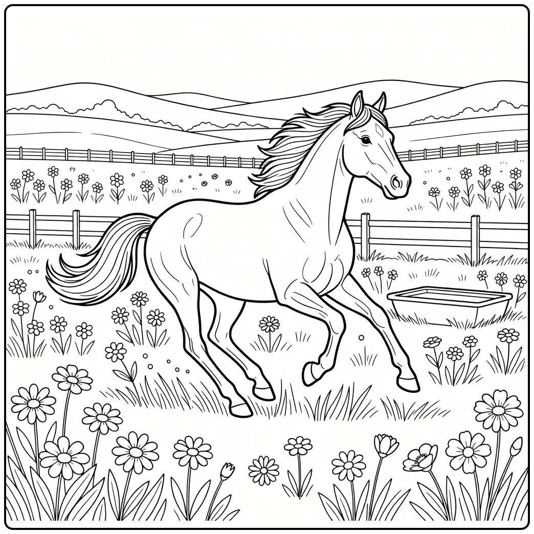 Realistic animal coloring page: horse galloping in pasture with fence, flowers