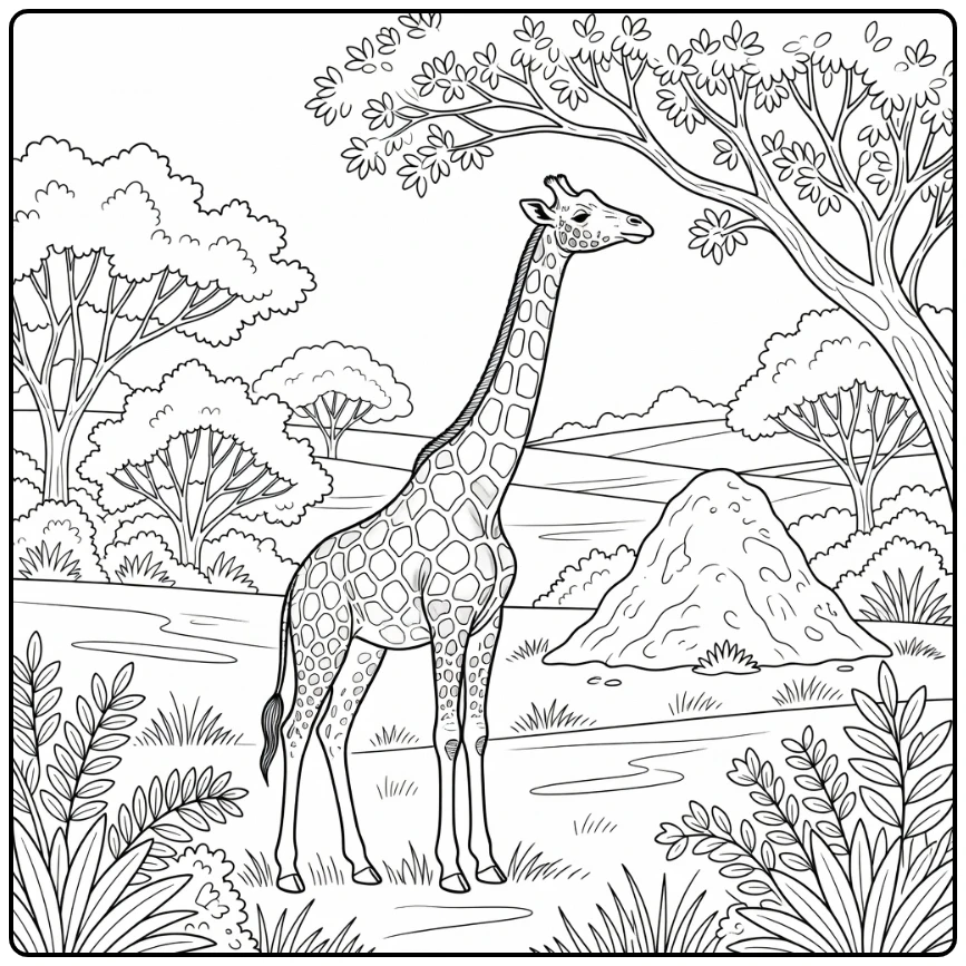 Giraffe stretching neck to tree branch realistic animal coloring page