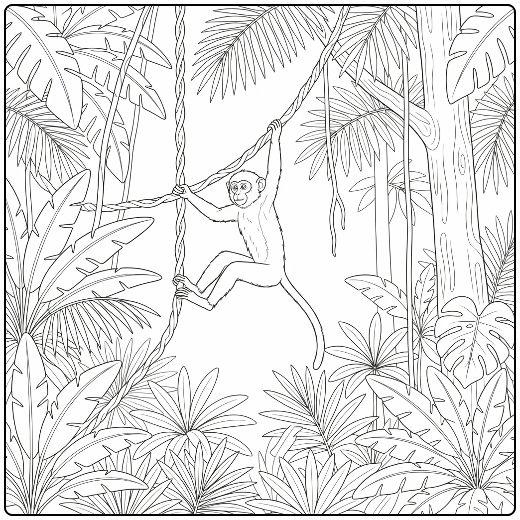 Monkey swinging on jungle vine realistic animal coloring page