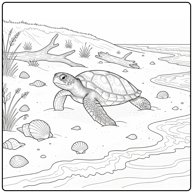 Realistic animal coloring page: sea turtle on sandy beach