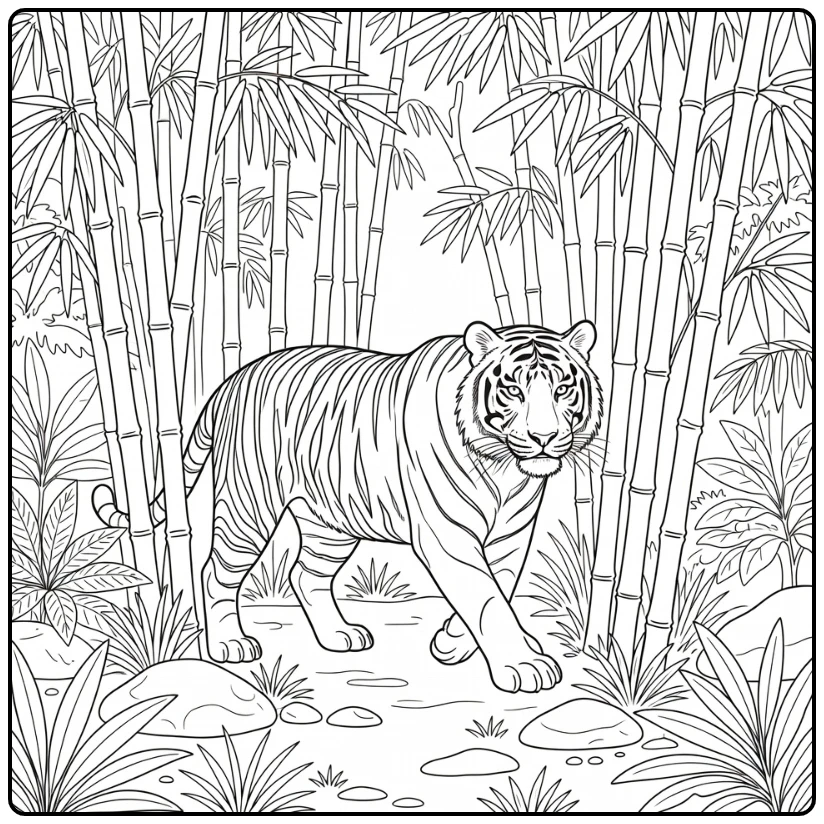 Tiger in bamboo grove realistic animal coloring page