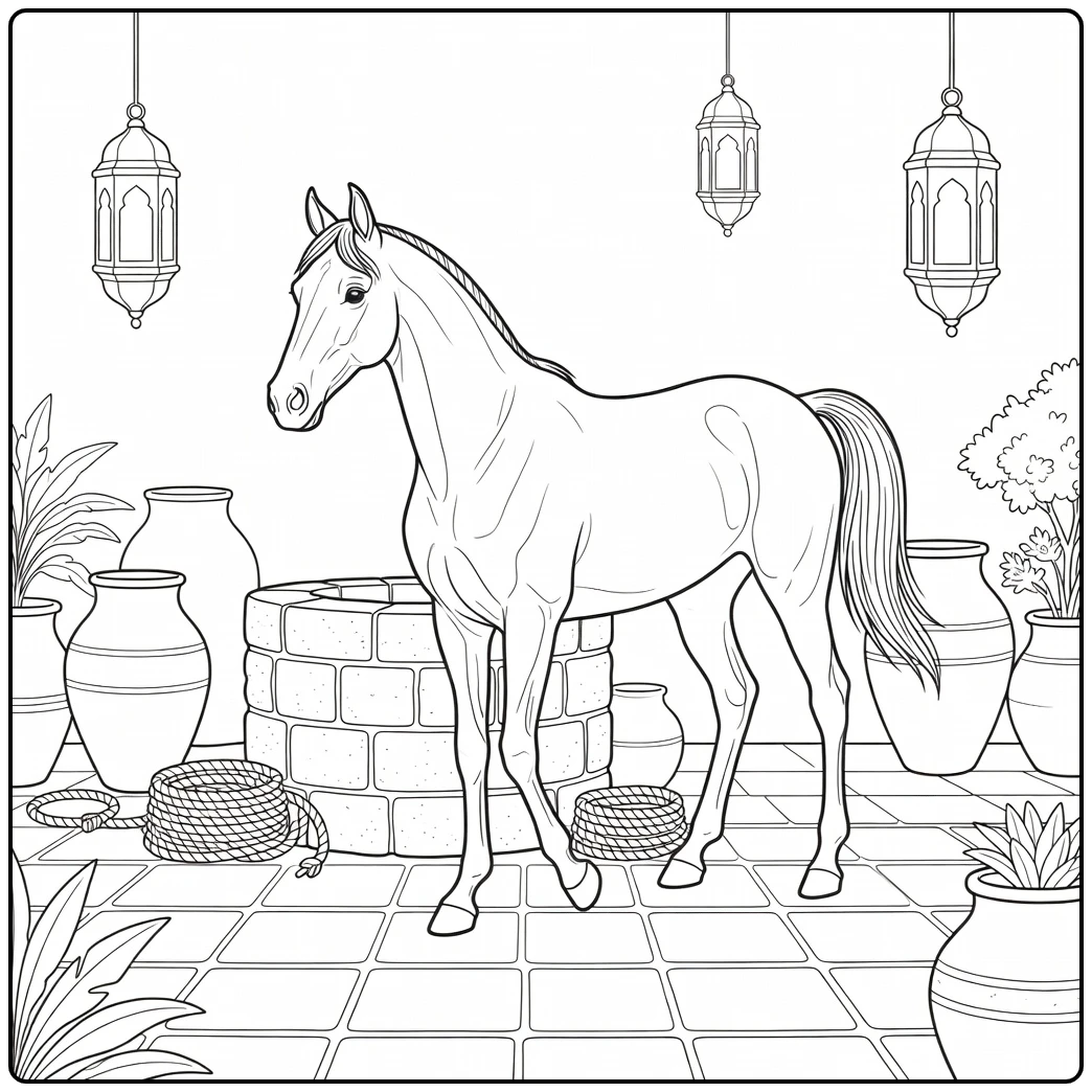 realistic arabian horse coloring page beside stone well