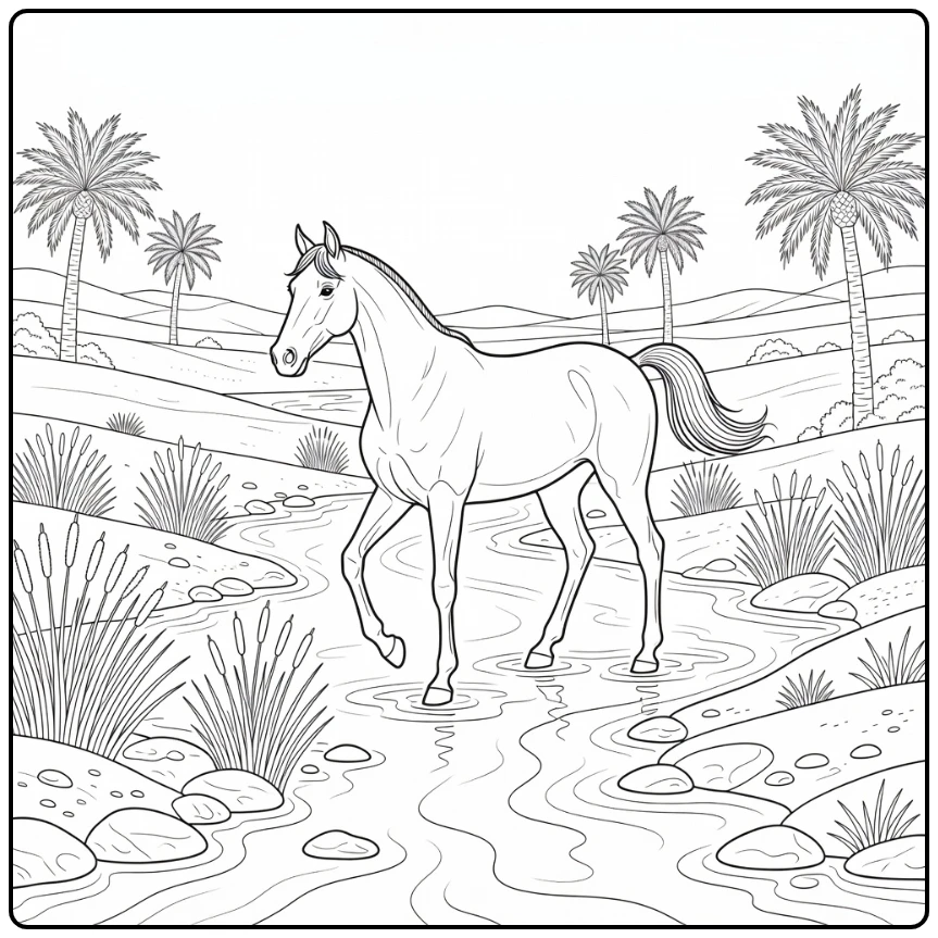 realistic arabian horse coloring page in calm desert scene
