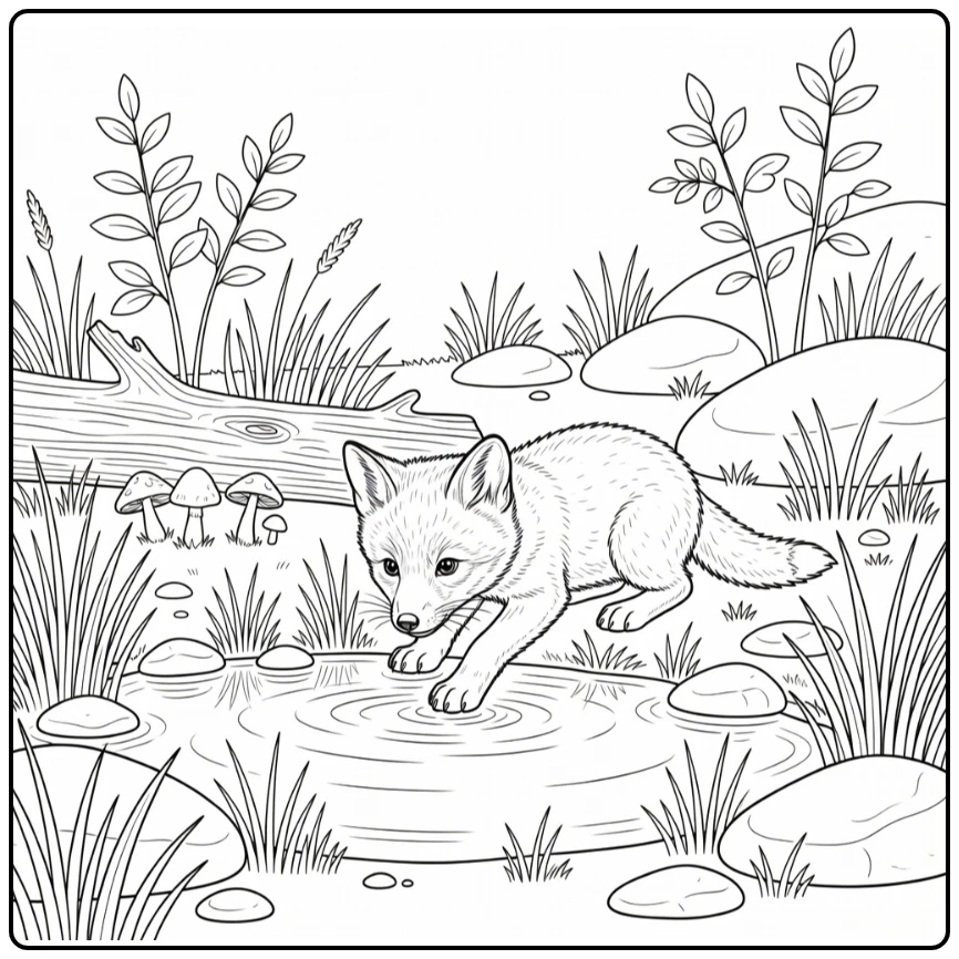 Realistic baby animal coloring pages: fox kit taps puddle ripples