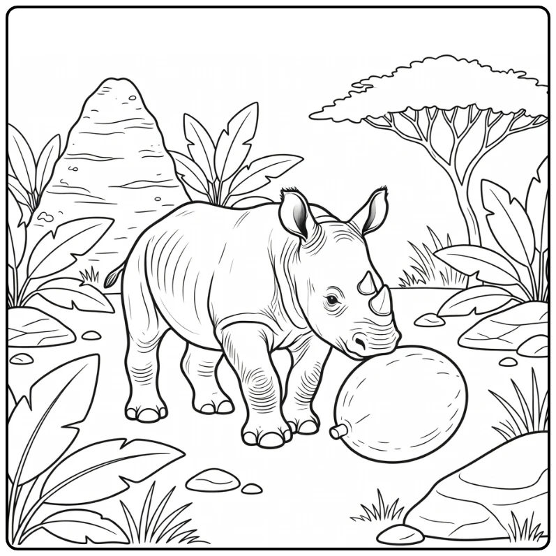 Realistic baby animal coloring pages: rhino calf nudges fruit