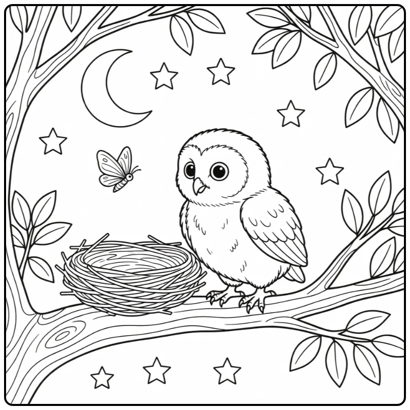 Realistic baby animal coloring pages: curious owl chick eyes moth