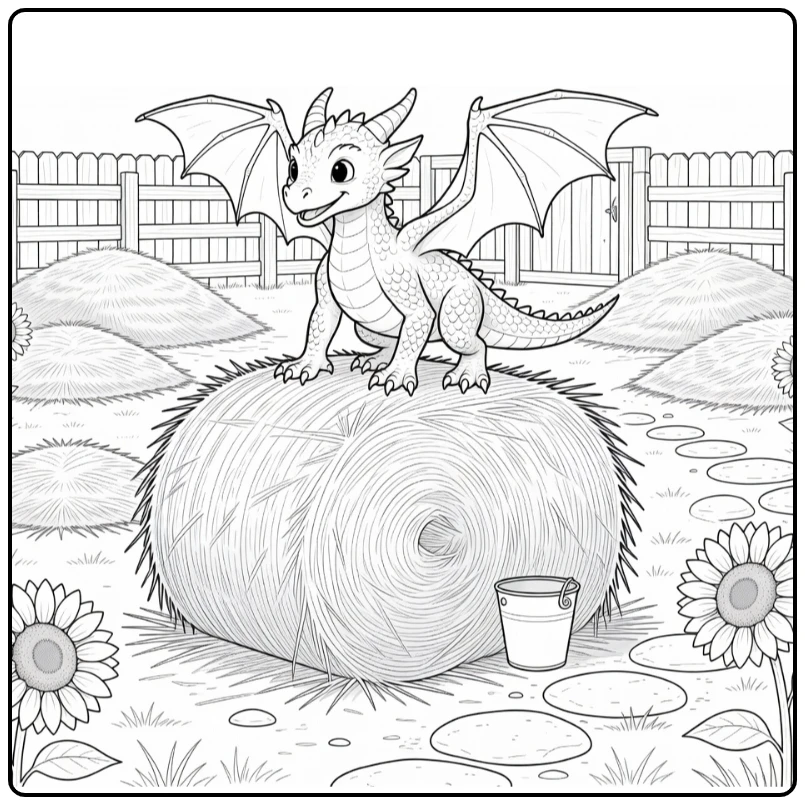 Realistic baby dragon coloring page: wobbling on hay bale, flapping wings