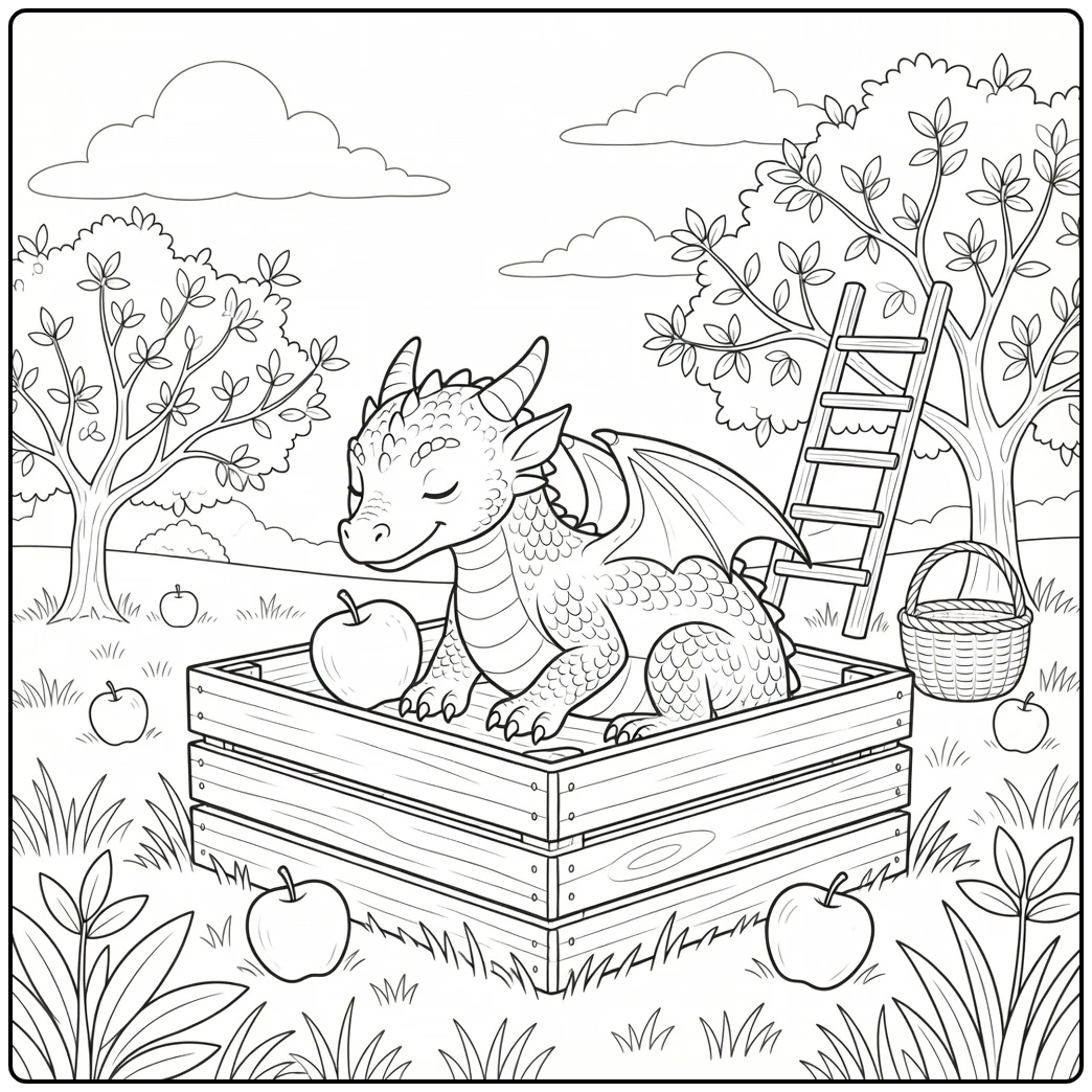 Realistic baby dragon coloring page peeking from orchard crate