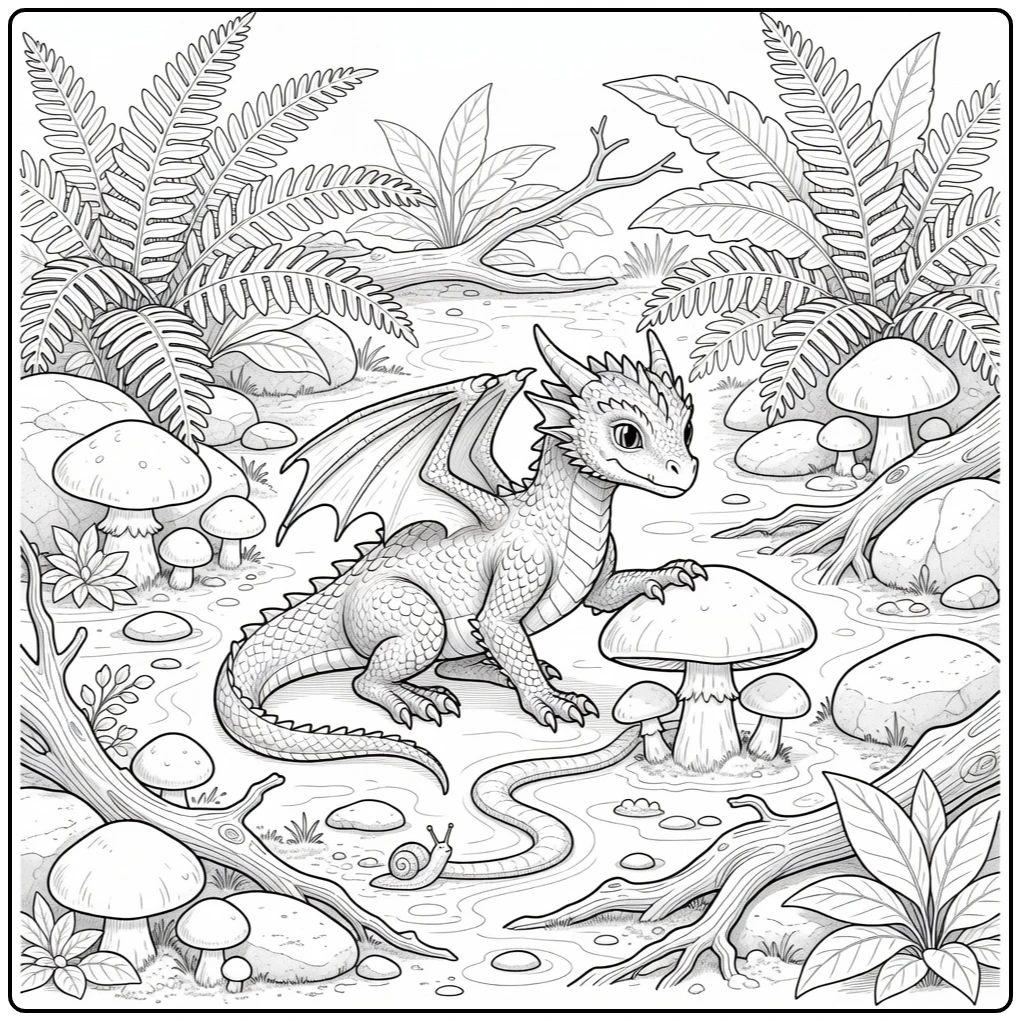 Realistic baby dragon coloring page tapping mushroom by snail trail