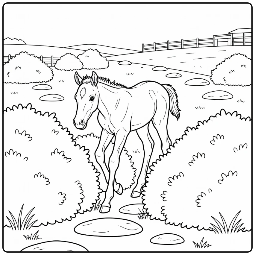 Realistic baby horse coloring page in meadow scene