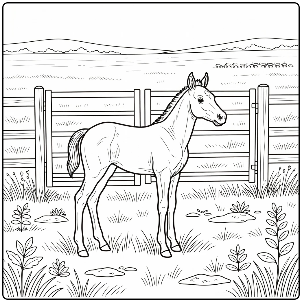 Realistic baby horse coloring page showing foal near open gate