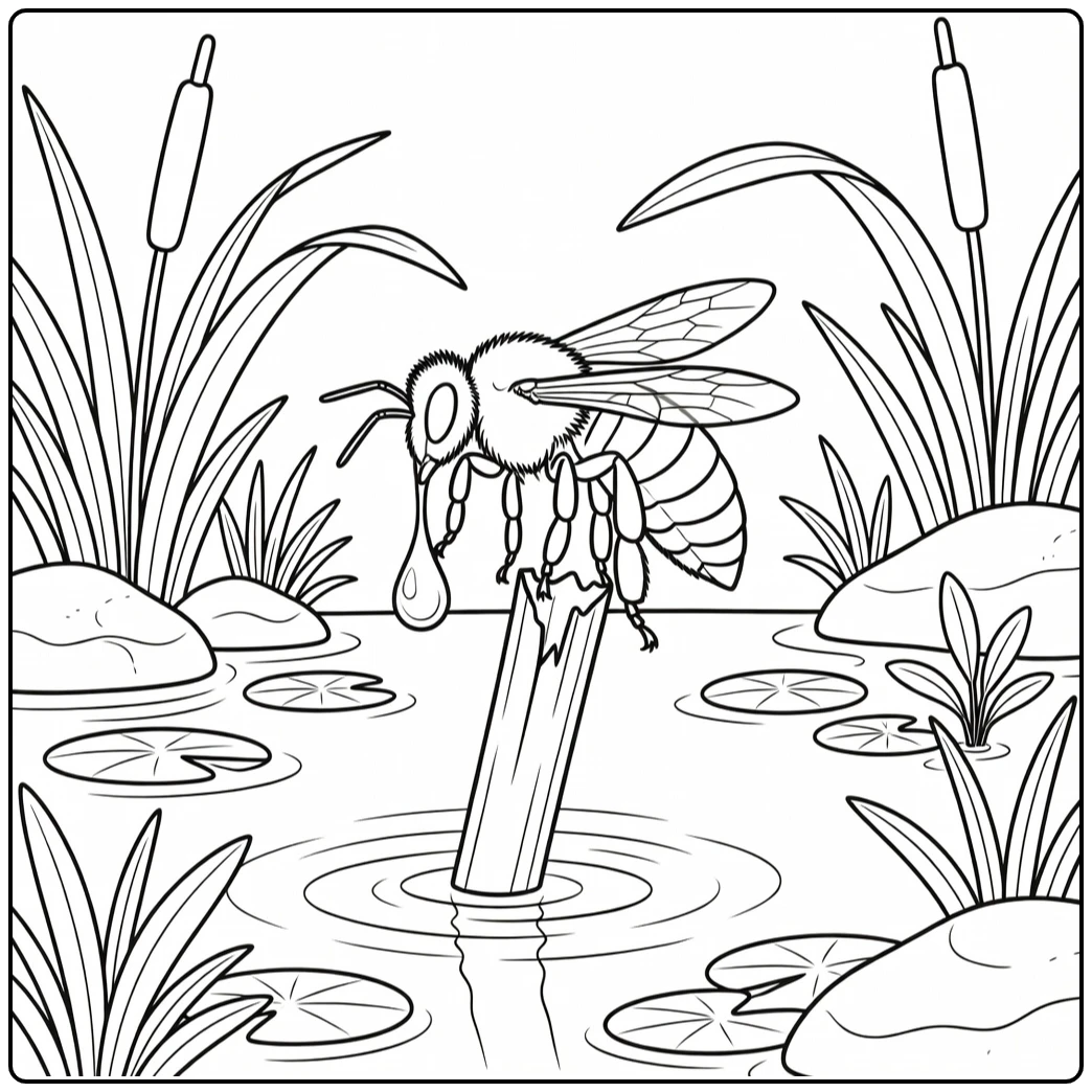 realistic bee coloring page of bee near pond water drop