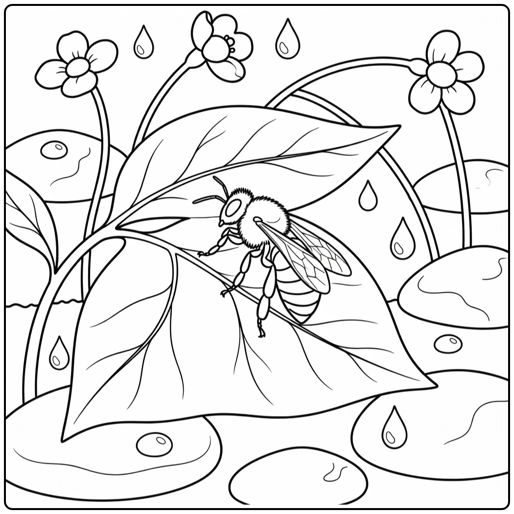realistic bee coloring page on broad leaf grooming pollen