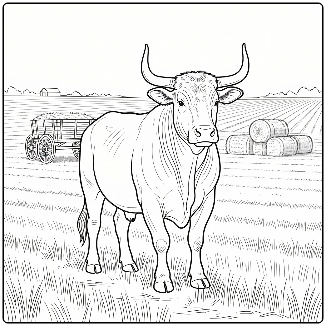 Realistic bull coloring pages: proud bull in wheat field dawn