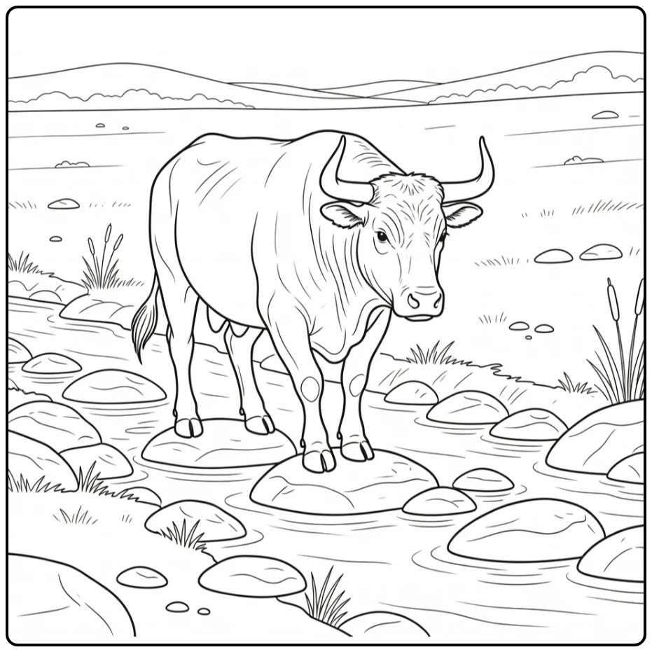 Realistic bull coloring pages: muscular bull crossing rocky creek