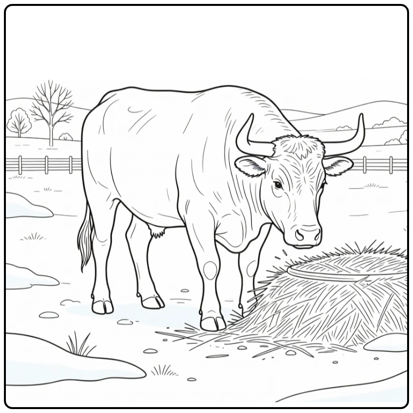 Realistic bull coloring pages: bull at hay feeder in snow