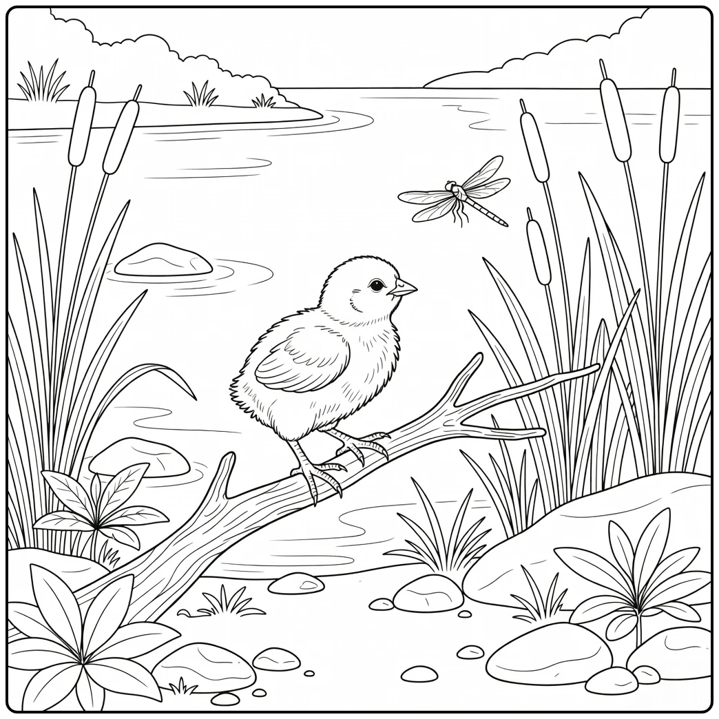 Realistic chick coloring page: chick and dragonfly at lake