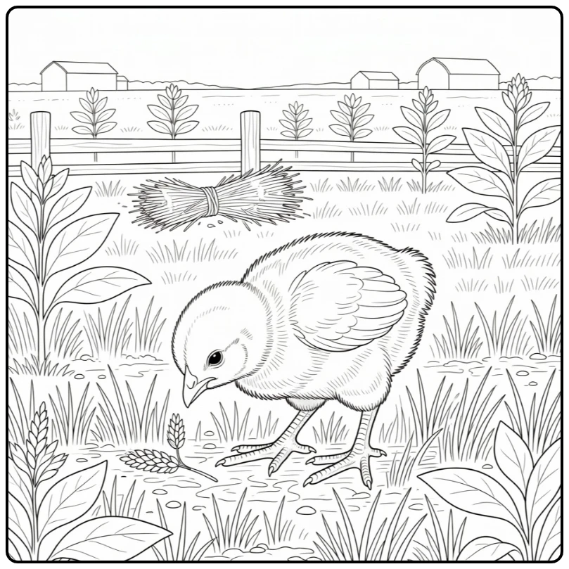 realistic chick coloring page in harvested stubble field