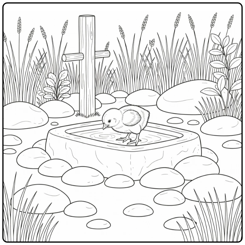 Realistic chick coloring page drinking at farm trough