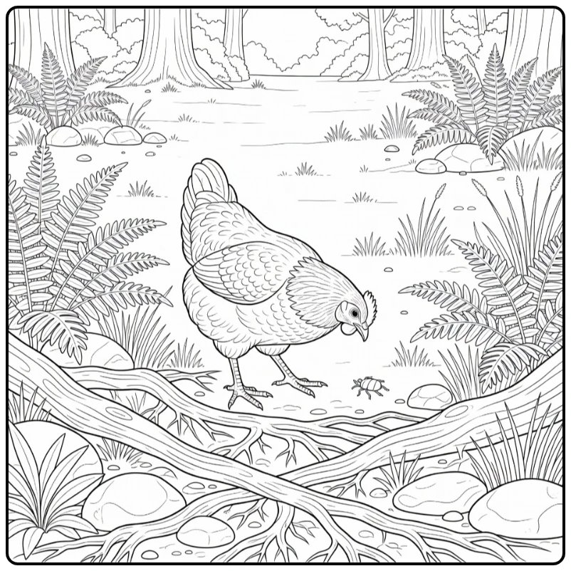 Realistic chicken coloring page of bird on roots with beetle
