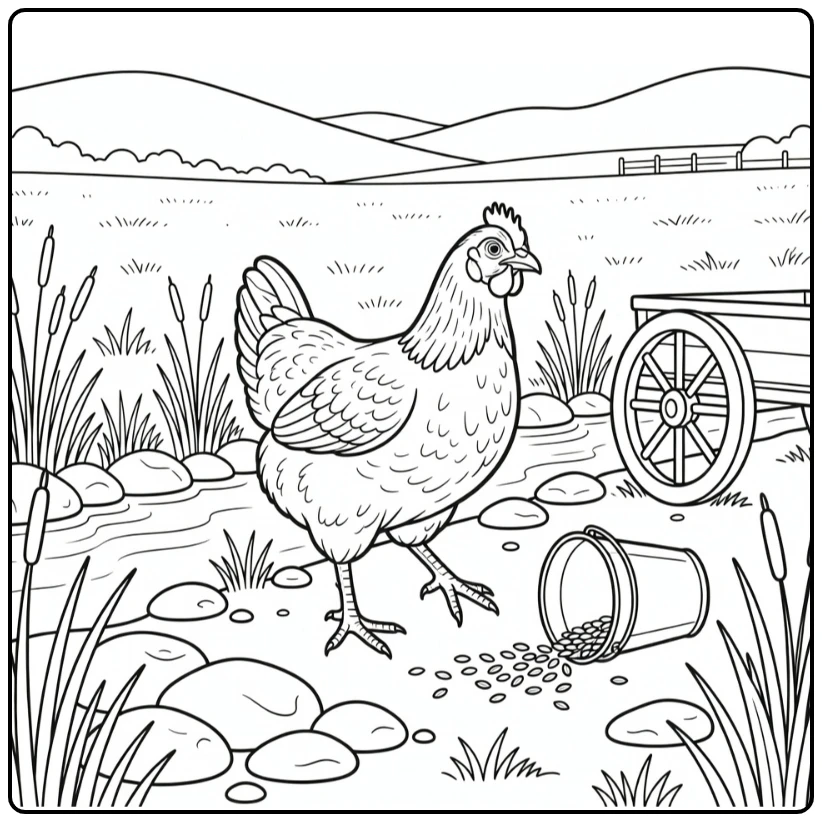 Realistic chicken coloring page in farm setting
