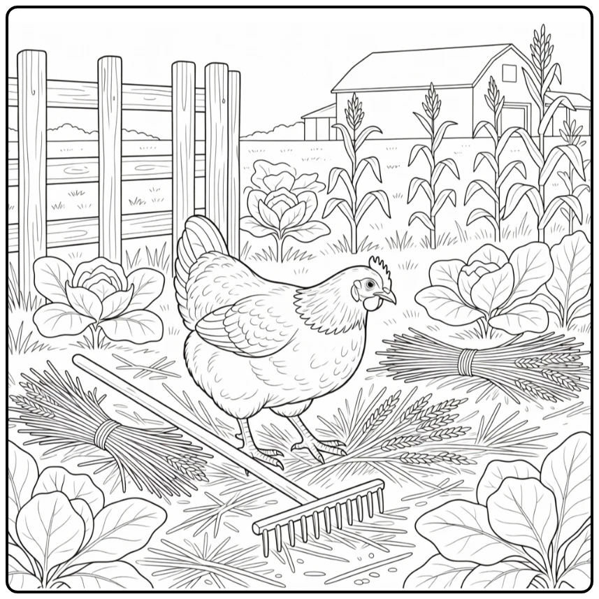 Realistic chicken coloring page in harvested field