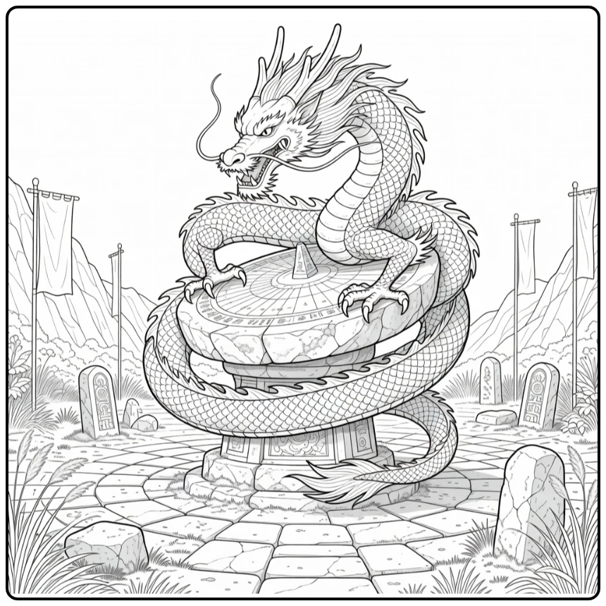 realistic chinese dragon coloring page coiled around sundial