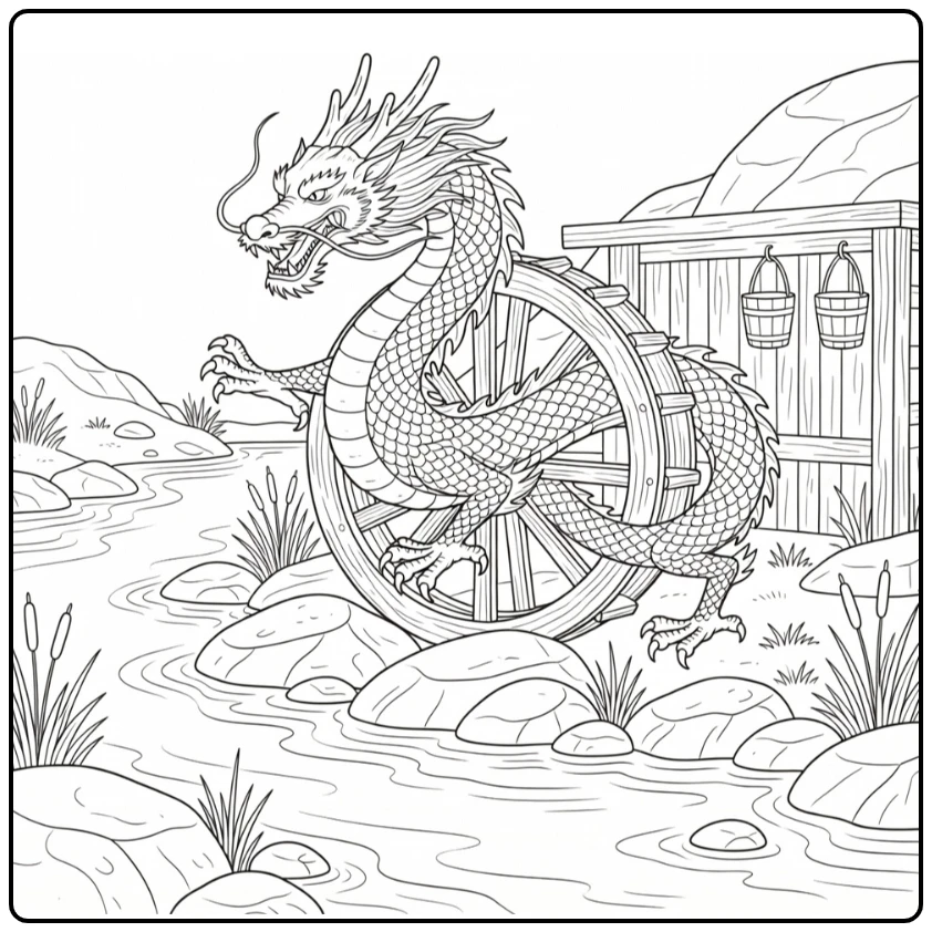 Realistic chinese dragon coloring page on waterwheel at mill