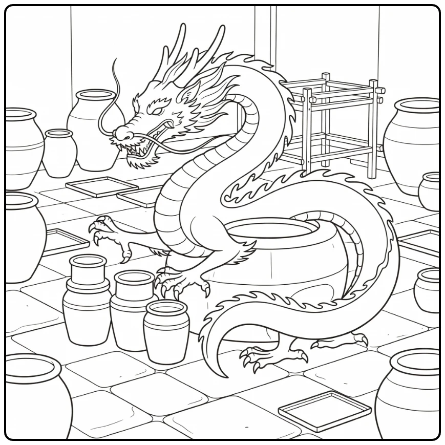 Realistic chinese dragon coloring page in pottery courtyard