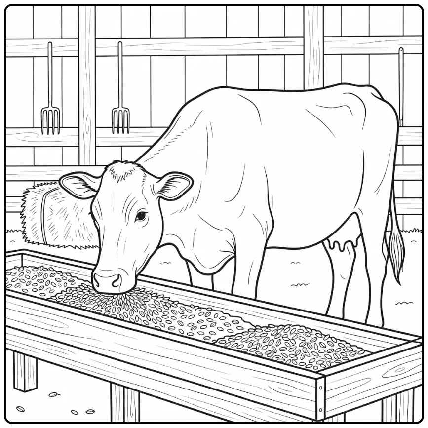 Realistic cow coloring pages: cow feeding at trough