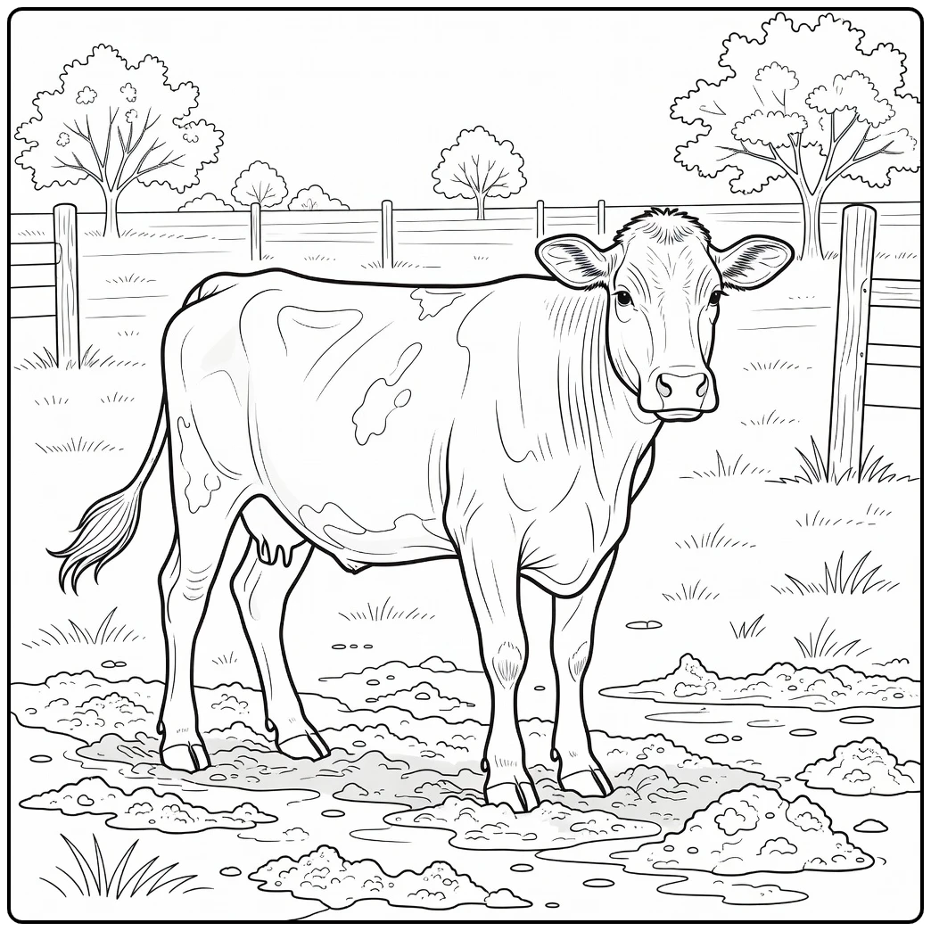 Realistic cow coloring pages: cow in muddy pasture, sunk hoof