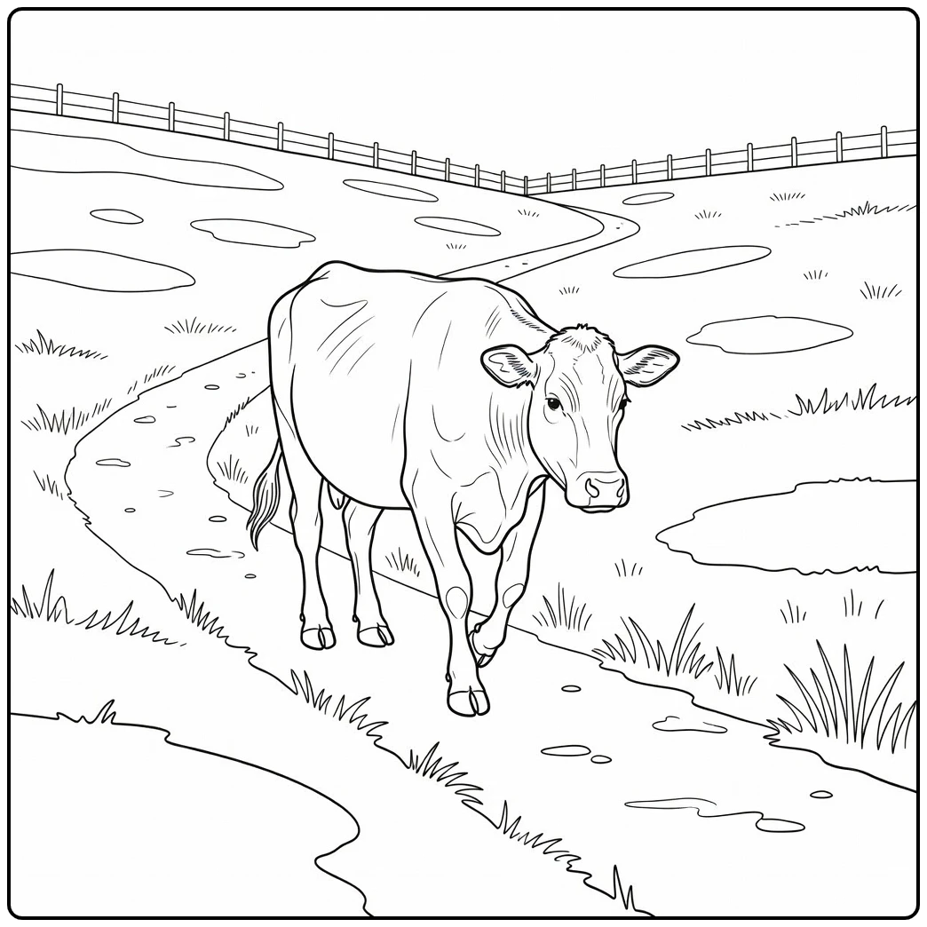 Realistic cow coloring pages: cow mid-step on dirt path