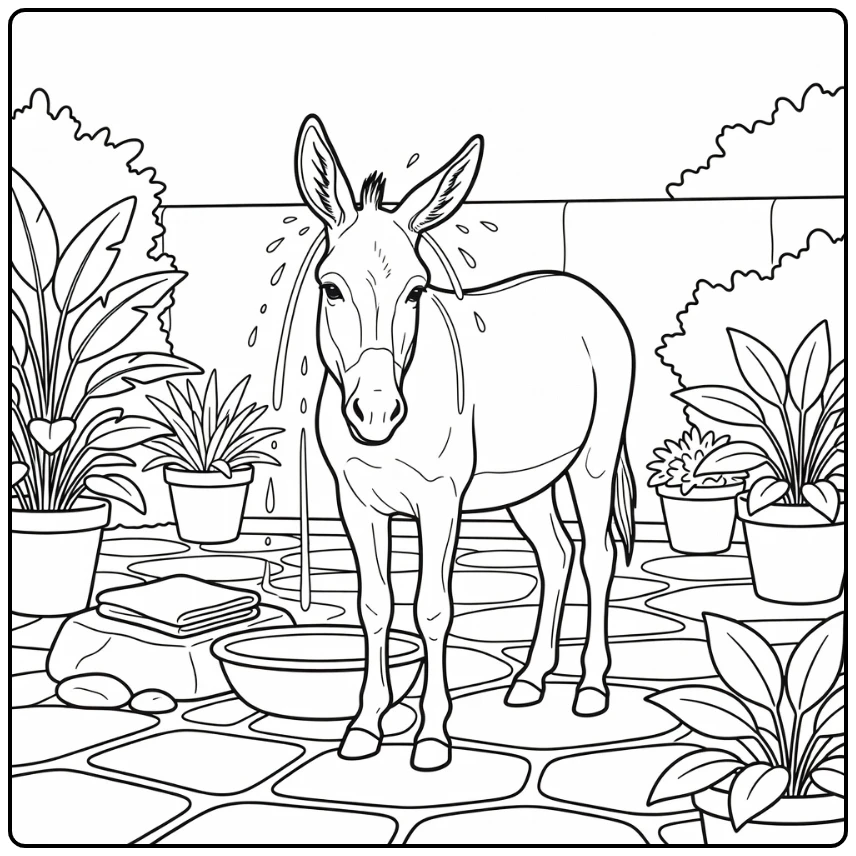 realistic donkey coloring page in courtyard with basin