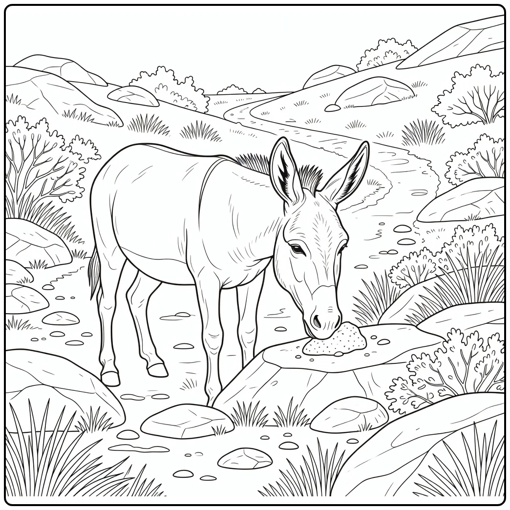 realistic donkey coloring page at hillside salt lick