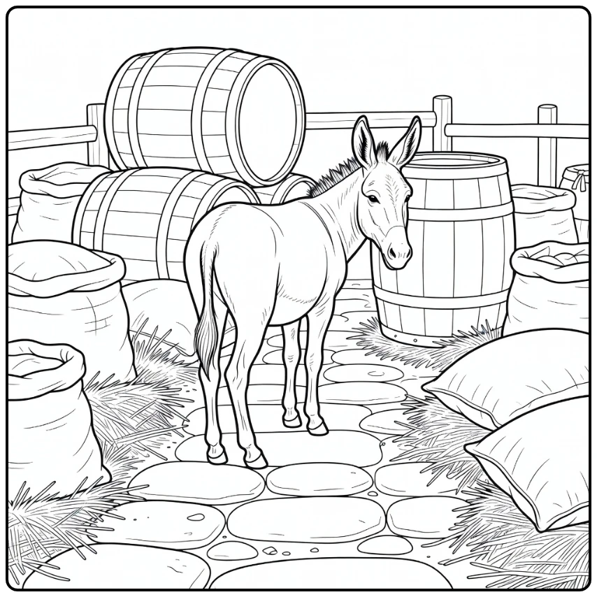 realistic donkey coloring page avoiding barrel on farm path