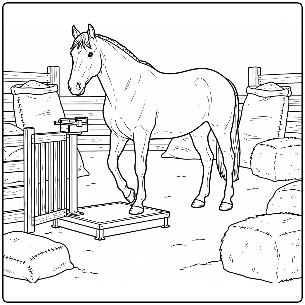 Realistic draft horse coloring page on livestock scale